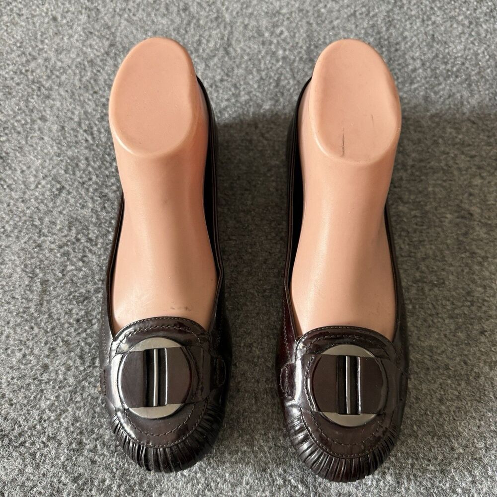 Stuart Weitzman Patent Leather Slip-On Ballet Flat Buckle Round Toe Brown 7.5M